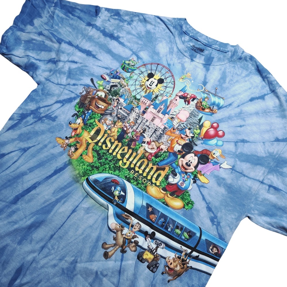 Disneyland Resort T-Shirt XXL Blue Tie Dye Mickey Pluto Pixar Monorail Toy Story
